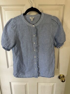 J. Crew Blue and White Striped Puff-Sleeve Button-Up Top